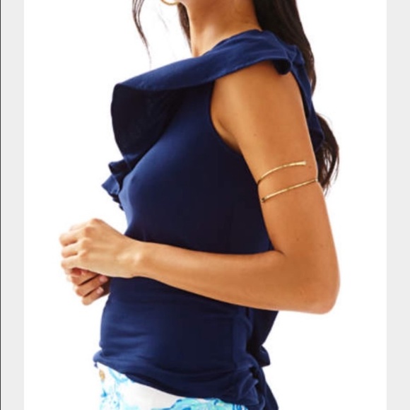 ⭐️⭐️NWT Lilly Pulitzer Women's Neveah Ruffle One Shoulder Top, Navy Blue - Picture 3 of 6